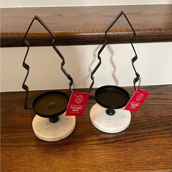 MARTHA STEWARTCHRISTMAS BLACK METAL/MARBLE TREE PILLAR CANDLE HOLDERS